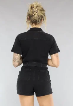 Zwarte Denim Playsuit met Ceintuur