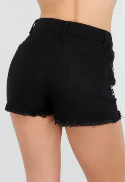 Zwarte Denim Short met Strass Steentjes en Rafelrand