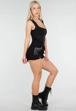Zwarte Denim Short met Strass Steentjes en Rafelrand