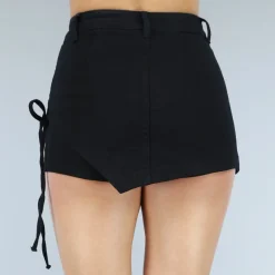 Zwarte Denim Skort met Strikdetails