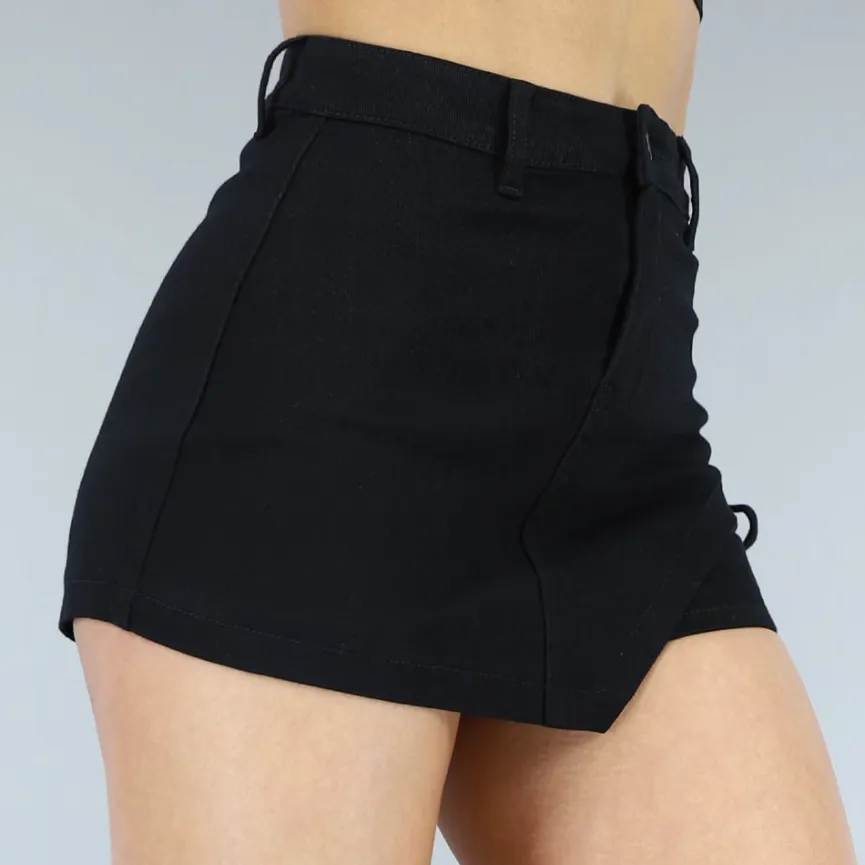 Zwarte Denim Skort met Strikdetails