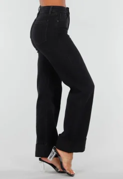Zwarte Denim Straight Leg Jeans met Brede Omslag
