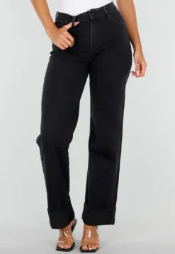 Zwarte Denim Straight Leg Jeans met Brede Omslag