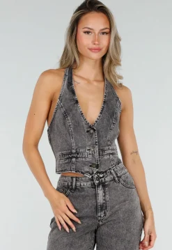 Zwarte Denim Two Piece Set met Halter Gilet en Wide Leg Jeans Voor Dames