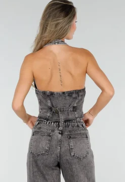 Zwarte Denim Two Piece Set met Halter Gilet en Wide Leg Jeans Voor Dames