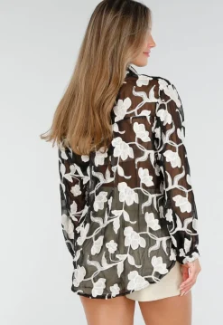 Zwarte Doorschijnende Blouse met Beige Bloemenborduursel en Lange Mouwen