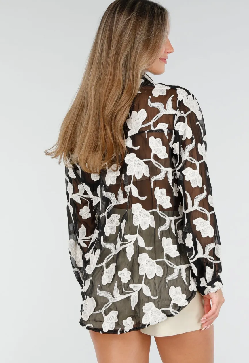 Zwarte Doorschijnende Blouse met Beige Bloemenborduursel en Lange Mouwen