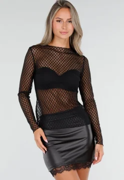 Zwarte Doorschijnende Geruite Mesh Top met Lange Mouwen