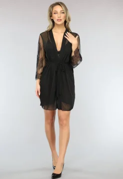 Zwarte Driedelige Kanten Slipdress Set