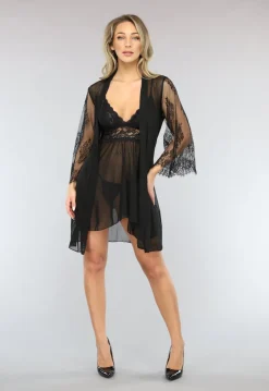 Zwarte Driedelige Kanten Slipdress Set