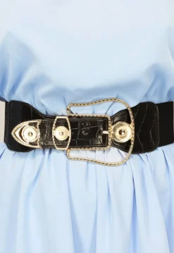 Zwarte Elastische Taille Riem met Gouden Gesp