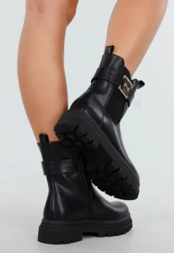 Zwarte Enkelboots met Chunky Zool Rits en Goudkleurige Gesp