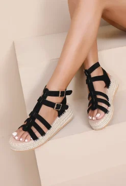Zwarte Espadrille Sandalen met Meerdere Banden en Sleehak