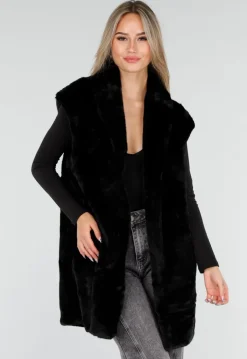 Zwarte Faux Fur Bodywarmer met Ceintuur en Kraag