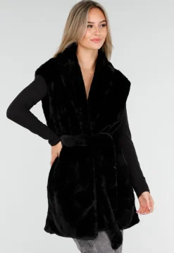 Zwarte Faux Fur Bodywarmer met Ceintuur en Kraag