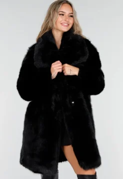 Zwarte Faux Fur Jas met Brede Kraag