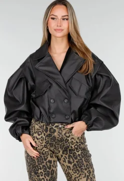Zwarte Faux Leer Cropped Jas met Oversized Mouwen