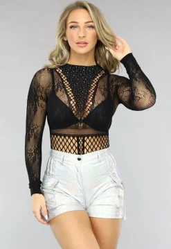 Zwarte Fishnet Bodysuit met Glitters
