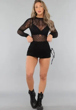 Zwarte Fishnet Bodysuit met Print