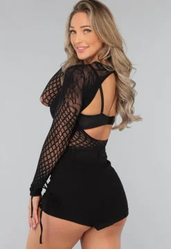 Zwarte Fishnet Bodysuit met Print