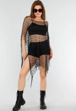 Zwarte Fishnet Cover-Up met Asymmetrische Puntzoom