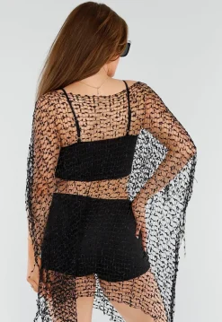 Zwarte Fishnet Cover-Up met Asymmetrische Puntzoom
