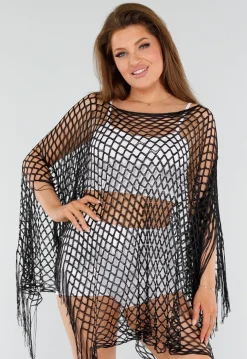 Zwarte Fishnet Cover-Up met Franjes en Ruitstructuur