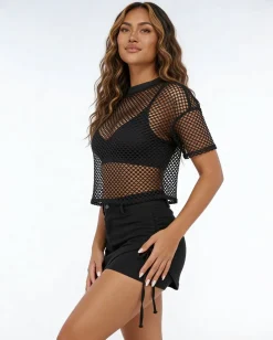 Zwarte Fishnet Crop Top met Korte Mouwen