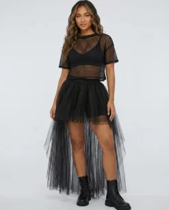 Zwarte Fishnet Crop Top met Korte Mouwen