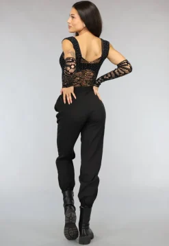 Zwarte Fishnet Glitter Bodysuit met Losse Mouwen