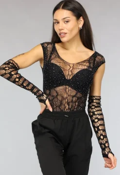 Zwarte Fishnet Glitter Bodysuit met Losse Mouwen