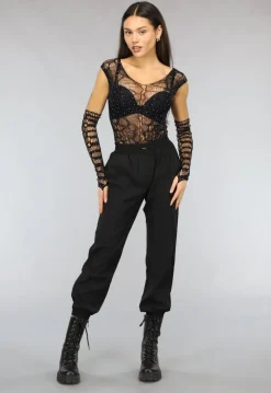 Zwarte Fishnet Glitter Bodysuit met Losse Mouwen