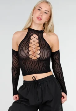 Zwarte Fishnet Halter Crop Top met Cut Out en Open Schouders