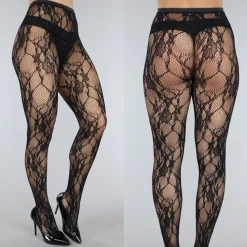 Zwarte Fishnet Panty met Bloemenprint