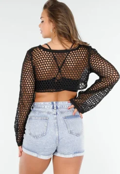 Zwarte Fishnet Top met Lange Mouwen en Schelpen