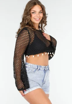 Zwarte Fishnet Top met Lange Mouwen en Schelpen
