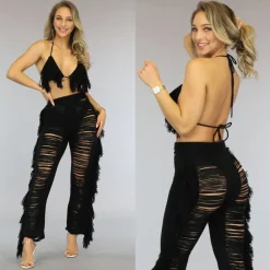 Zwarte Fluffy Cover Up Set met Triangel Topje