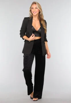 Zwarte Fluwelen Wide Leg Panterprint Broek
