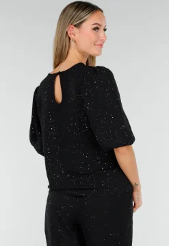 Zwarte Galaxy Glitter Top met Elastische Pofmouwen
