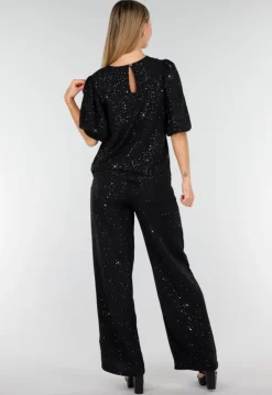 Zwarte Galaxy Glitter Top met Elastische Pofmouwen