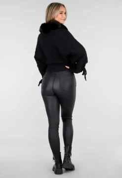 Zwarte Gebreide Cardigan met Faux Fur Kraag en Strikdetails