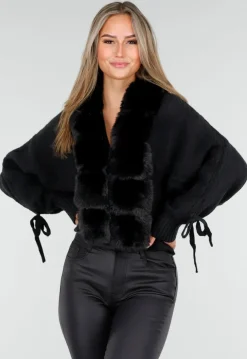 Zwarte Gebreide Cardigan met Faux Fur Kraag en Strikdetails