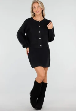 Zwarte Gebreide 2-Piece Set met Vest en Rok