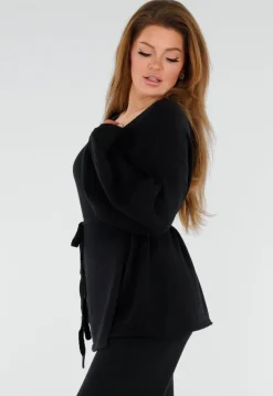 Zwarte Gebreide Set met Overslag Top en Wijde Broek