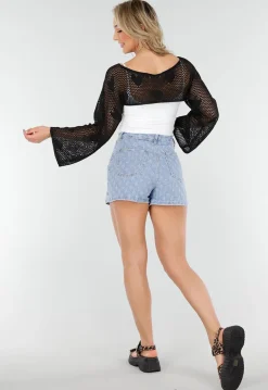Zwarte Gehaakte Bolero met Hartjesmotief en Lange Mouwen