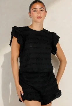 Zwarte Gehaakte Co-ord Set met Ruffle Mouwen