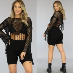 Zwarte Gehaakte Cover Up Top met Fringe en Flair Mouwen