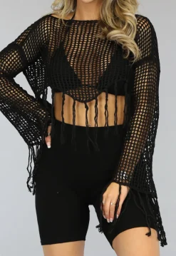 Zwarte Gehaakte Cover Up Top met Fringe en Flair Mouwen