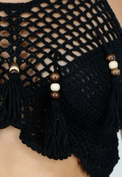 Zwarte Gehaakte Halter Top met Open Patroon en Kwastjes
