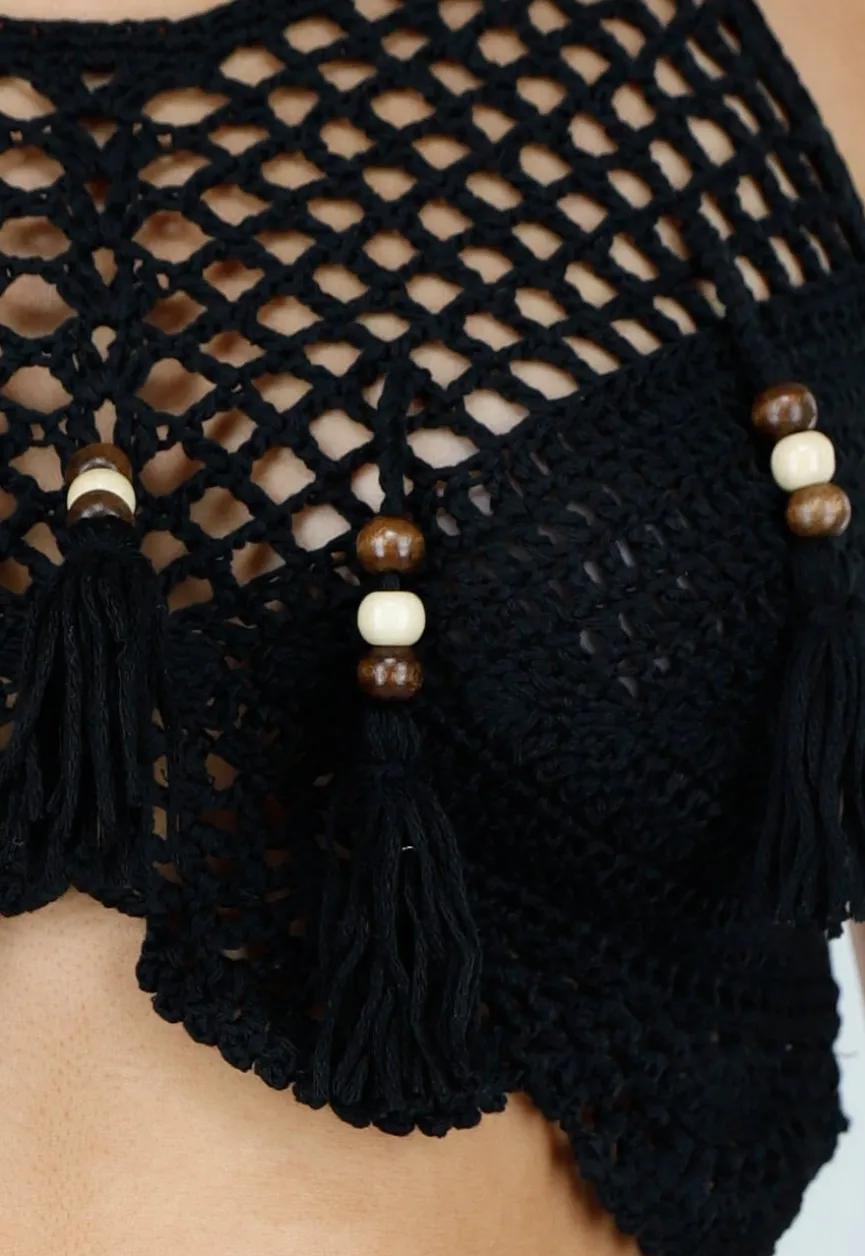 Zwarte Gehaakte Halter Top met Open Patroon en Kwastjes